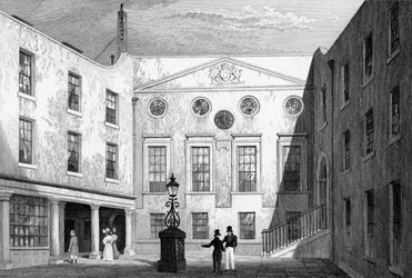 Apotekarhallen, Pilgrimsgatan, Blackfriars, graverad av J. Hinchliff, 1831