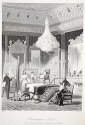Buckingham Palace - The Princess Royal sitter för ett porträtt, från London Interiors med deras Costumes and Ceremonies pub. Joseph Mead, London, c.1843 stålgravyr