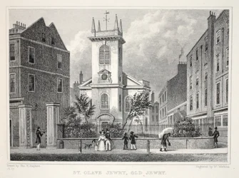 Church of St Olave Jewry, Old Jewry, från London och dess omgivningar i puben från artonhundratalet. Jones und Co., 1827-1829