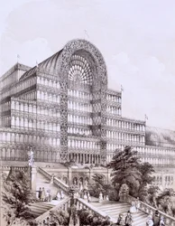 Crystal Palace vid Sydenham, framsidan av det stora tvärskeppet, c1854.
