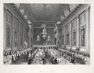 Frimurarhallen, ur «London Interiors with their Costumes and Ceremonies», utgiven av Joseph Mead, London, cirka 1843