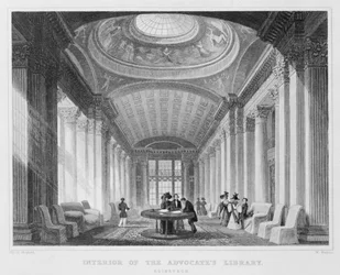 Interiör från advokatbiblioteket, Edinburgh, graverad av William Watkins, 1831