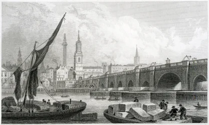 Old London Bridge, från Southwark, 1829