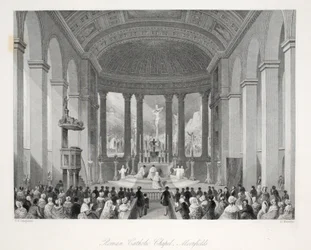 Romersk-katolskt kapell, Moorfields, ur Londons interiörer med sina dräkter och ceremonier, utgiven av Joseph Mead, London, cirka 1843