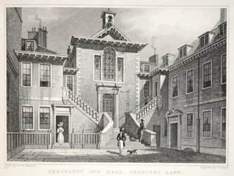 Serjeants Inn, Chancery Lane, från puben "London and its Environs in the Nineteenth Century". Jones und Co., 1827-1829