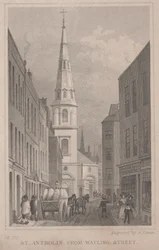 St. Antholin, från Watling Street, graverad av A. Cruse, ca 1830 (gravyr)