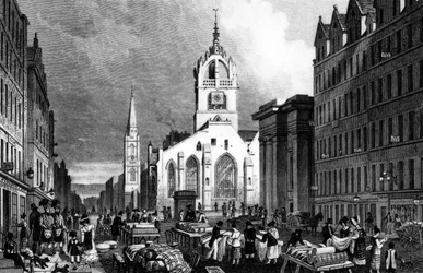 St. Giles Church, County Hall and the Lawn Market, Edinburgh, graverad av William Tombleson, ca 1830 (gravyr)