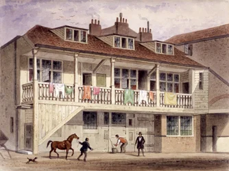 Värdshuset Svarta lejonet, Whitefriars Street, London, cirka 1855