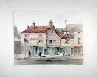 The Hare and Hounds Inn och butikslokaler på Upper Street, Islington, London, c1835.