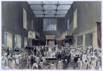 Överhuset, Hennes Majestät öppnar parlamentets session, graverad av Henry Melville (fl.1826-41), ca 1840