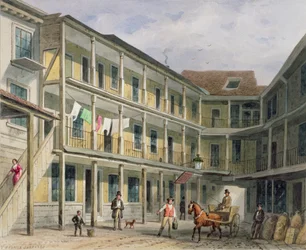 Utsikt över Blue Boar Inn-gården, nr 30 Aldgate, ca 1850