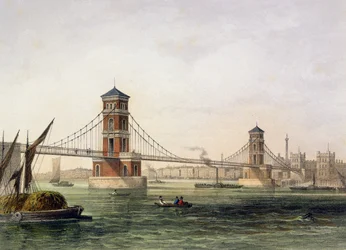 Vy över Hungerford Bridge från öster, graverad av Jean Jacottet (1806-c.43) 1854