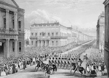 Wellingtons begravningståg passerar Senior United Service Club, Pall Mall, London, 1852