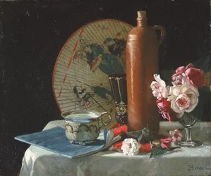 Stilleben med solfjäder och rosor