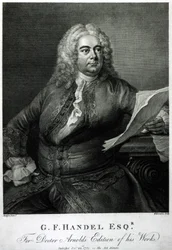 George Frederick Handel (1685-1759), graverad av William Bromley (1769-1842), för doktor Arnolds utgåva av hans (Handels) verk, pub. 1789