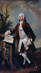 Porträtt av Theodore Jacobsen, arkitekt vid Foundling Hospital, visat med en teckning av västfronten, ca 1742