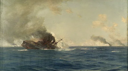 Sänkningen av "Scharnhorst" vid slaget om Falklandsöarna, 8 december 1914, ca 1915 (olja på duk)