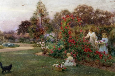 I konstnärens trädgård, Yapton, Sussex. En mor och hennes två barn plockar rosor i en trädgård. Målning av Thomas James Lloyd (1849-1910 brittisk) Privat samling