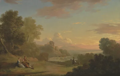 Ett imaginärt landskap med en resenär och figurer med utsikt över Baiae-bukten