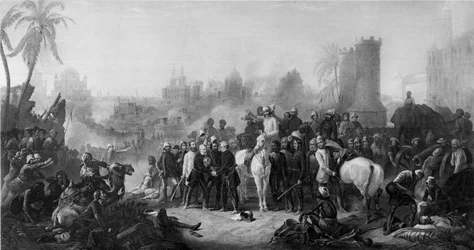 The Relief of Lucknow, und Triumphant Meeting of Havelock, Outram and Sir Colin Campbell, från "...Drawings...made on the spot...by Mr. Egron Lundgren", publicerad i London 1860.