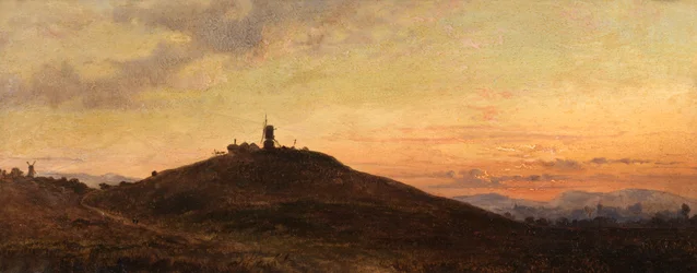 Väderkvarn vid solnedgången (olja ombord)