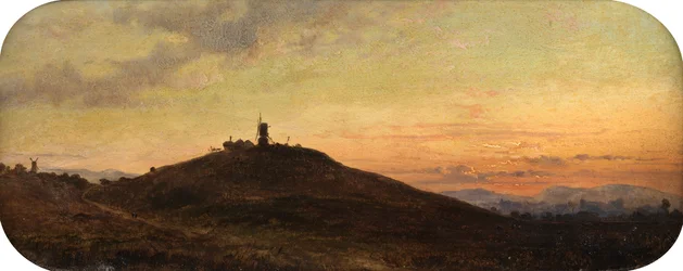 Väderkvarn vid solnedgången (olja ombord)