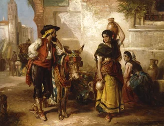 En chatt vid fontänen, Sevilla,