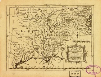 Louisiana, som tidigare hävdades av Frankrike, som nu innehåller en del av Brittiska Amerika österut och Spanska Amerika väster om Mississippi. LOC 77690498