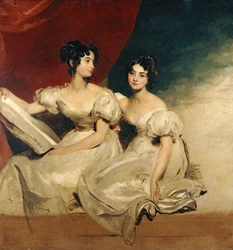Dubbelporträtt av systrarna Fullerton, sittande i helfigur, i vita klänningar, ca 1825