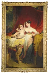 Porträtt av Anne, Viscountess Pollington, senare grevinnan av Mexborough (d. 1870), med sin son, John Charles (1810-99), senare 4:e Earl of Mexborough, fullängd, hon i en vit klänning med en ros vid t.