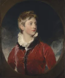 Porträtt av Frederick William Stewart, 4:e markisen av Londonderry, K.P., M.P. (1805-1872) när en pojke, halvlång, i röd rock, i låtsad oval (olja på duk)