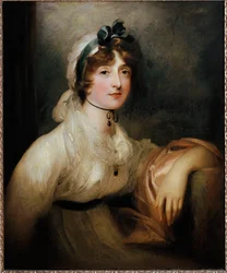 Porträtt av Lady Milner Ung dam klädd i en första empire-klänning och täckt med en blodig klämning av ett band. Målning av Sir Thomas Lawrence