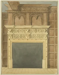 Skorsten och panel, daterad 1632, i hus på norra sidan av St Nicholas Street (akvarell på papper)