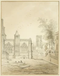 Östra delen av St Mary Redcliffe, som visar Temple Church (penna och akvarell på papper)