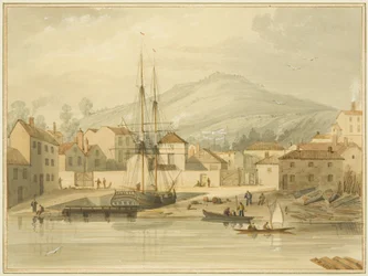 Limekiln Dock, Hotwell Road, med briggen "Eolus" och Brandon Hill bakom
