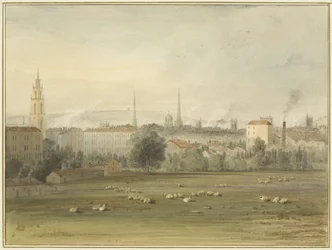 Nära Stokes Croft med utsikt över Bristols skyline (platsen för Sadler och Clayfields ballonguppstigning 1810)