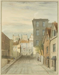 En del av Magdalen (Lower Maudlin) Lane som visar sjukstugan (penna och akvarell på papper)