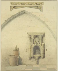 Piscina, Frieze and Spandrels in Courtyard of 131 Temple Street (penna och akvarell på papper)