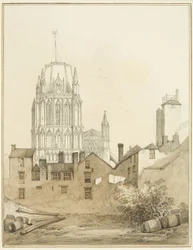 Redcliffe Church och en del av Redcliffe Hill med Shot Tower (akvarell på papper)