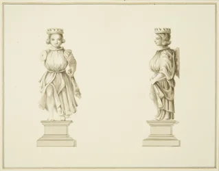 Två vyer av en snidad träfigur i salongen i St John