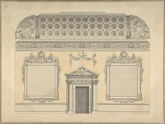 Design för sektion av ett rokokorum, med ett tak och dekorerade korintiska..., ca.1750.