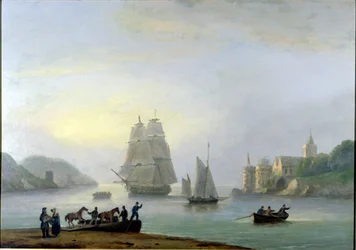 En brigg som seglar in i Dartmouths hamn, med en färja i förgrunden, 1828