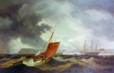 En trålare från Brixham på väg in i Torbay, tidigt 1800-tal (oljemålning)