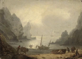 Ett inlopp i Devonshire med fiskare som lossar sin fångst på strandkanten, ca 1804