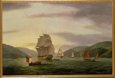 En fregatt, en luggare och ett handelsfartyg i Dartmouths hamn, 1808