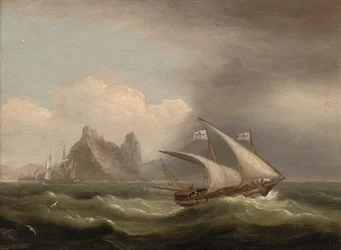 En beväpnad Xebec i Medelhavet, en brittisk fregatt utanför hennes akter och springer förbi en stenig kust, 1822