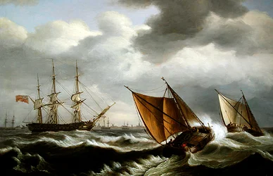 Holländsk kustfarkost med en engelsk fregatt för ankar i en storm utanför Harwich