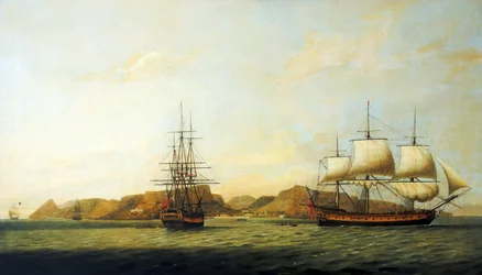 Ostindiska kompaniets fartyg "Northumberland", byggt 1780, utanför ön Sankta Helena, på resa mellan England och Bengalen (Indien)