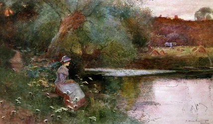 Vid Hampton Lucy, Warwickshire. En ung flicka sitter vid en sjö på landsbygden. Målning av Thomas Mackay (1851-1920) Privat samling