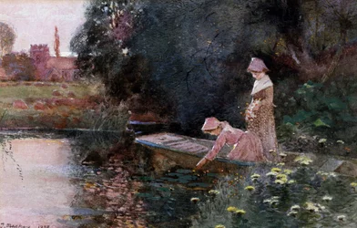Plockar näckrosor. Två unga flickor på en båt i en damm plockar näckrosor. Målning av Thomas Mackay (1851-1920) Privat samling